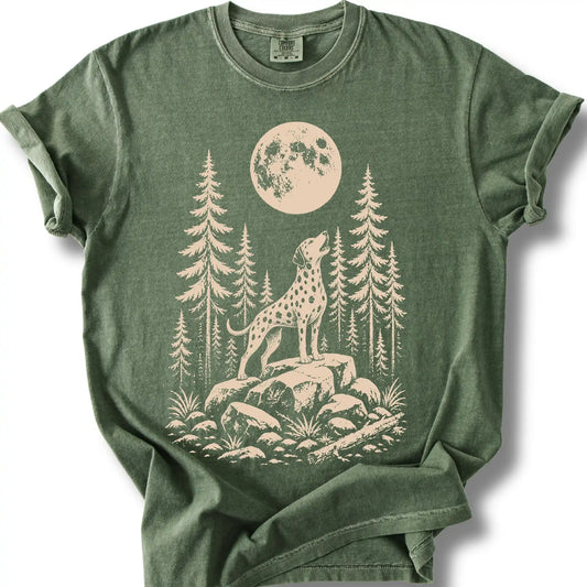 Dalmatian howling beneath the moon on a moss T-shirt.