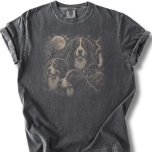 Bernese Mountain Dog 90s Moon design on a pepper T-shirt.