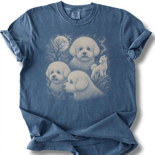 Bichon Frise 90s Moon design on a denim T-shirt.