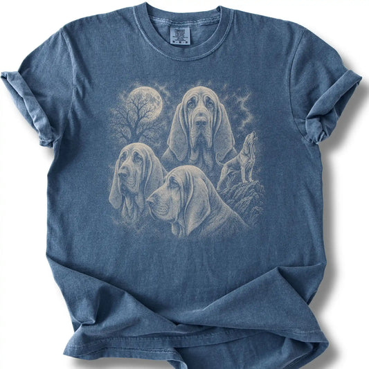 Bloodhound 90s Moon design on a denim T-shirt.