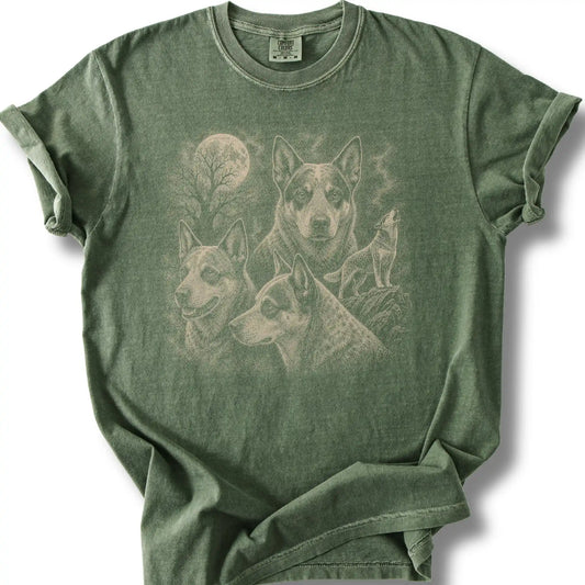 Blue Heeler 90s Moon design on a moss T-shirt.