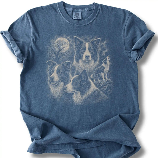 Border Collie 90s Moon design on a denim T-shirt.