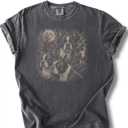 Boston Terrier 90s Moon design on a pepper T-shirt.