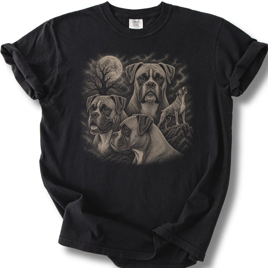 Boxer 90s Moon design on a black T-shirt.