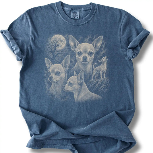 Chihuahua 90s Moon design on a denim T-shirt.