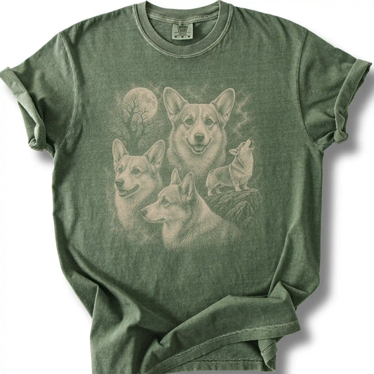 Corgi 90s Moon design on a moss T-shirt.