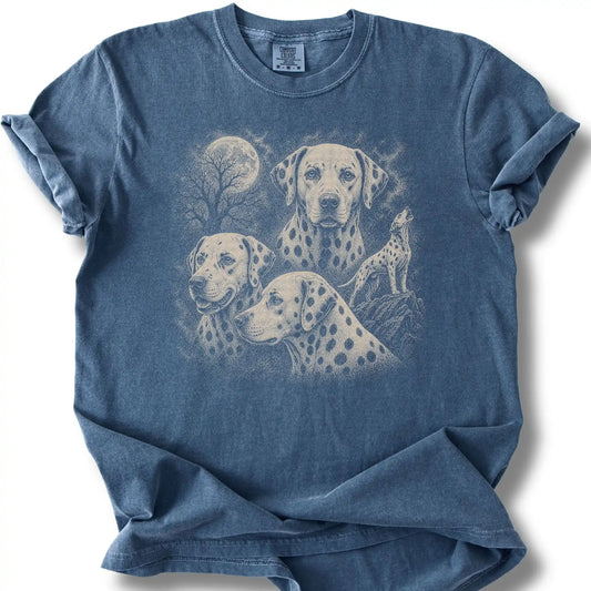 Dalmatian 90s Moon design on a denim T-shirt.