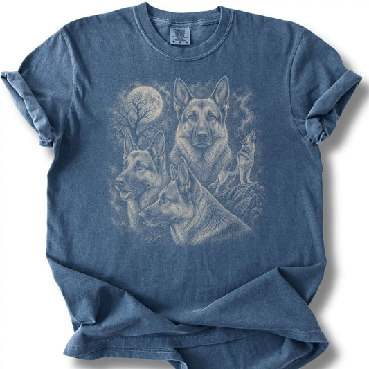 German Shepherd 90s Moon design on a denim T-shirt.