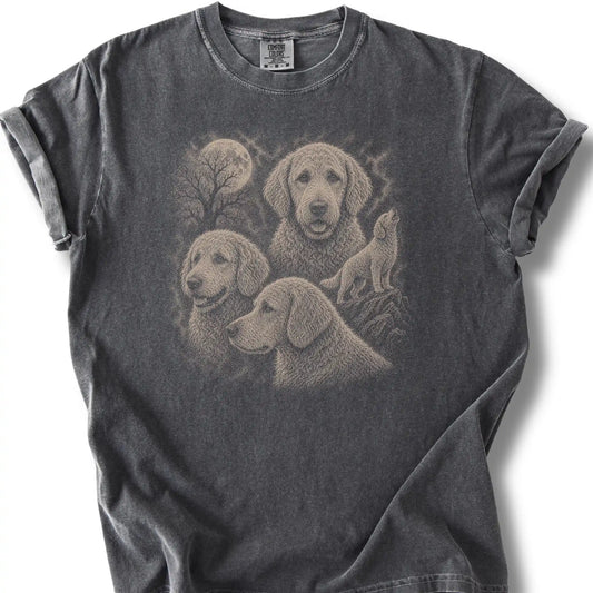 Goldendoodle 90s Moon design on a pepper T-shirt.