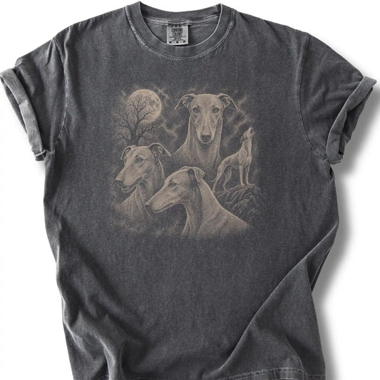 Greyhound 90s Moon design on a pepper T-shirt.