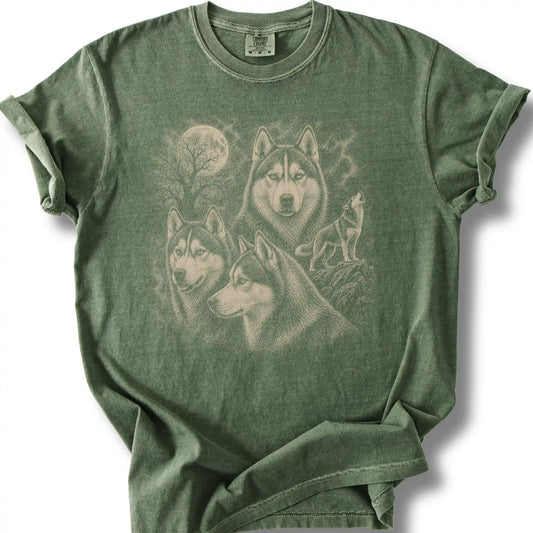 Husky 90s Moon design on a moss T-shirt.