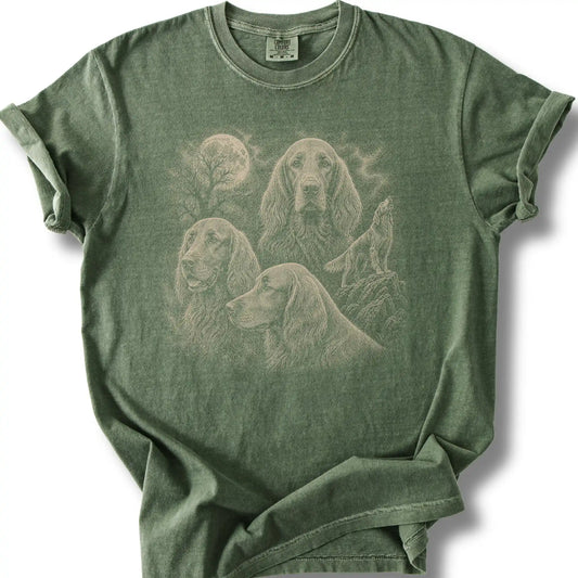 Irish Setter 90s Moon design on a moss T-shirt.