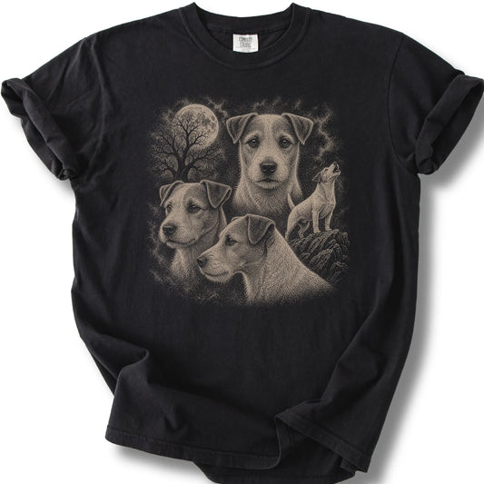 Jack Russell 90s Moon design on a black T-shirt.