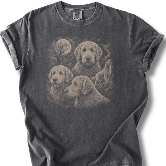 Labradoodle 90s Moon design on a pepper T-shirt.