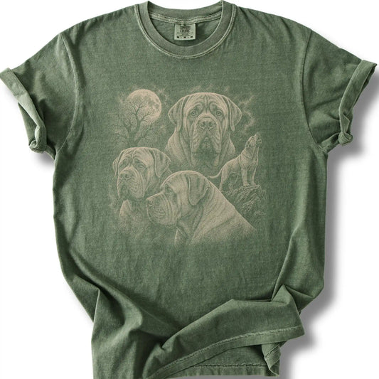 Mastiff 90s Moon design on a moss T-shirt.