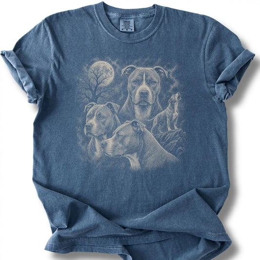 Pitbull 90s Moon design on a denim T-shirt.