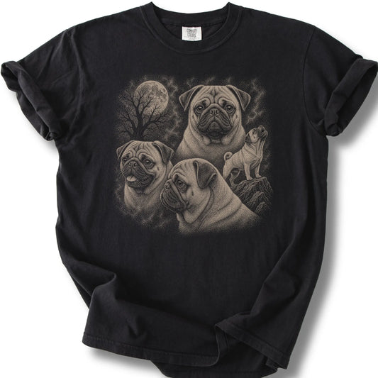 Pug 90s Moon design on a black T-shirt.