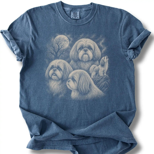 Shih Tzu 90s Moon design on a denim T-shirt.