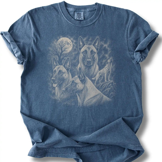 Belgian Malinois 90s Moon design on a denim T-shirt.