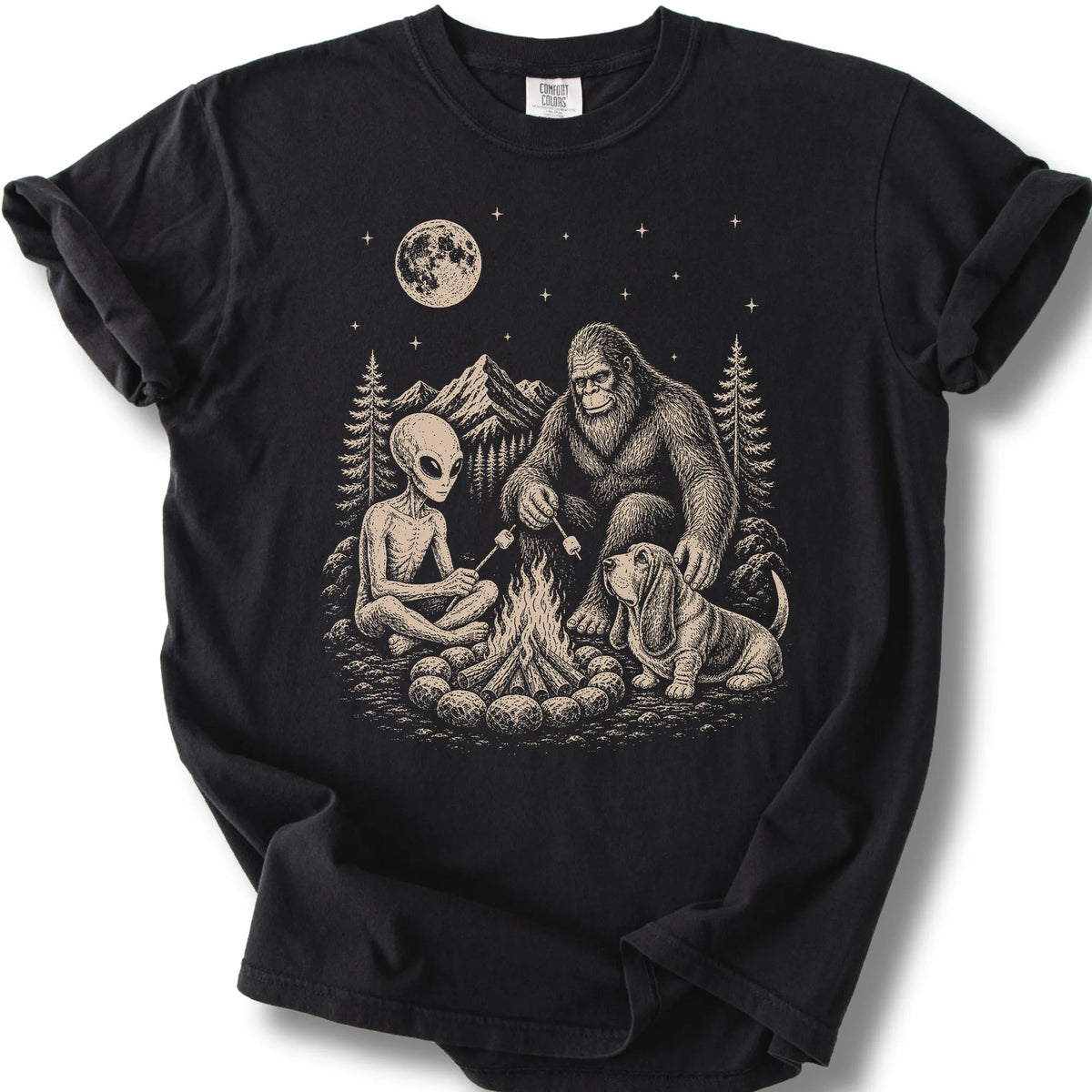 Basset Hound, Bigfoot & Alien design on a black T-shirt.