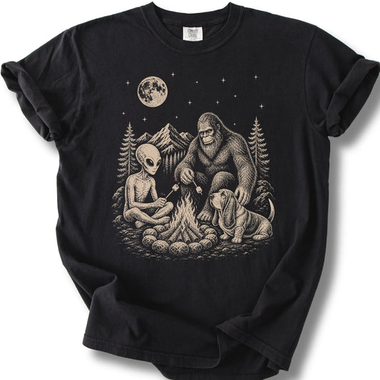 Basset Hound, Bigfoot & Alien design on a black T-shirt.