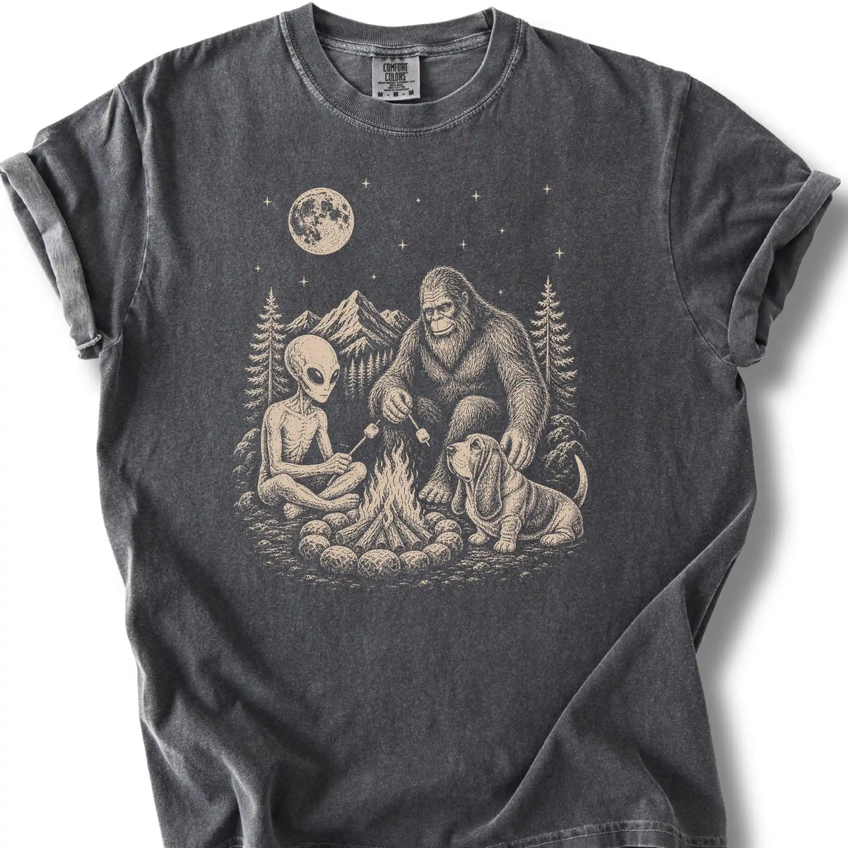 Basset Hound, Bigfoot & Alien design on a pepper T-shirt.