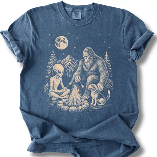 Beagle, Bigfoot & Alien design on a denim T-shirt.