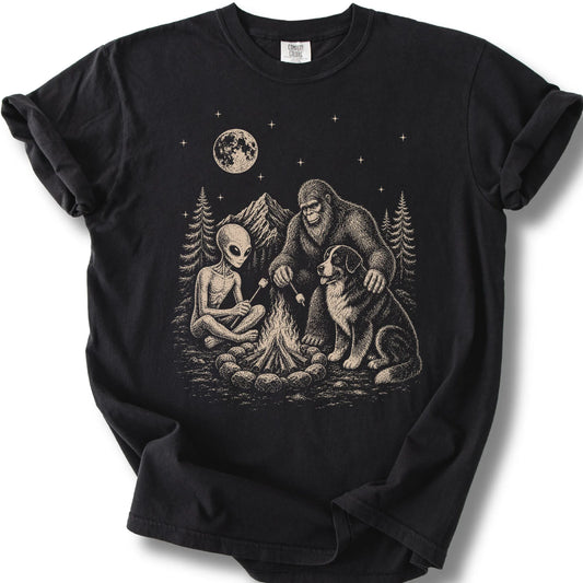 Bernese Mountain Dog, Bigfoot & Alien design on a black T-shirt.