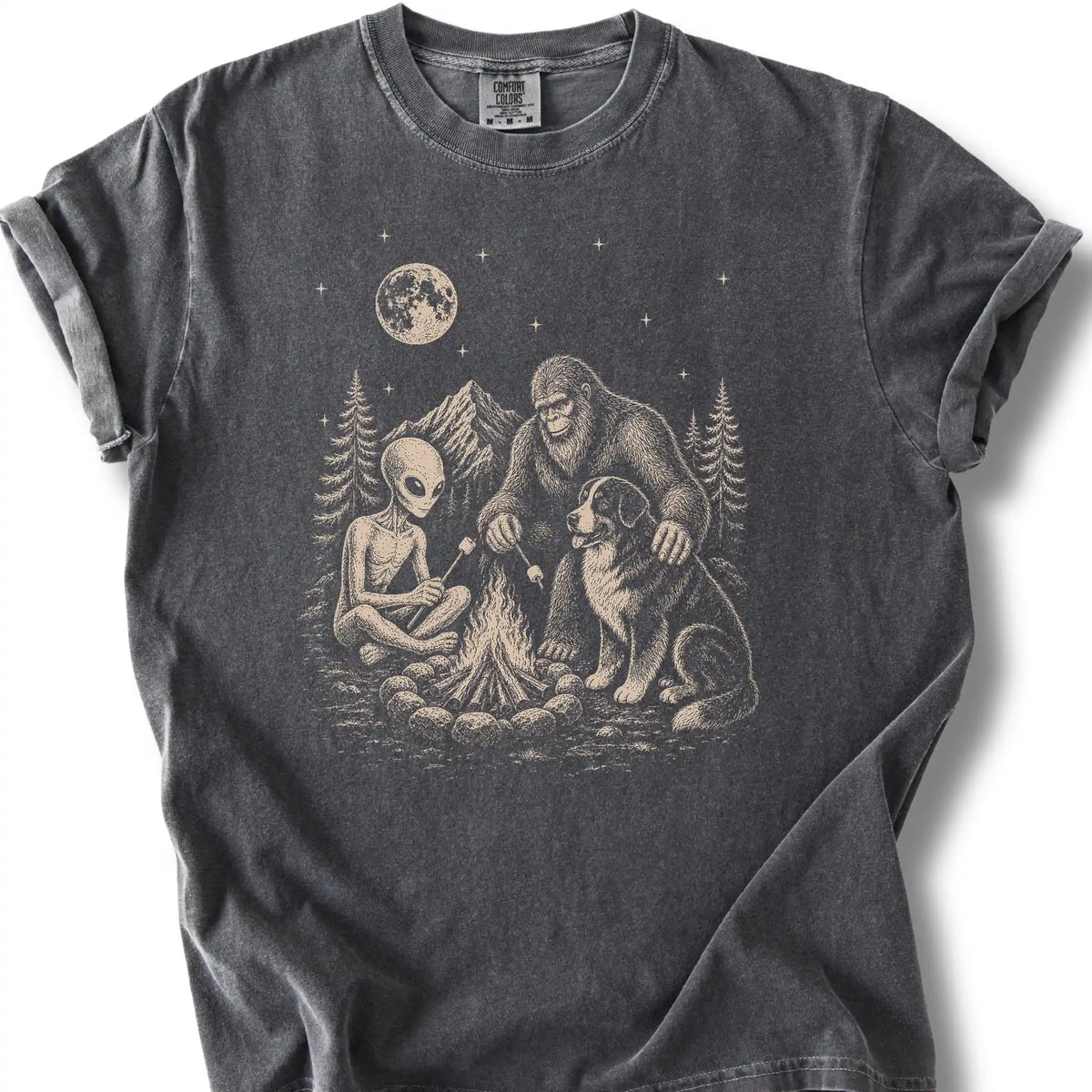 Bernese Mountain Dog, Bigfoot & Alien design on a pepper T-shirt.