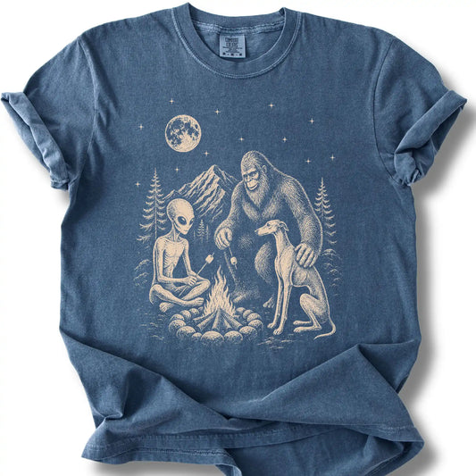 Greyhound, Bigfoot & Alien design on a denim T-shirt.