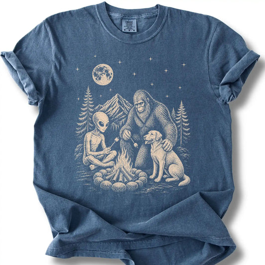 Labrador Retriever, Bigfoot & Alien design on a denim T-shirt.