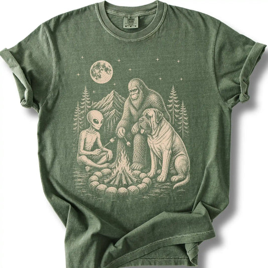 Mastiff, Bigfoot & Alien design on a moss T-shirt.