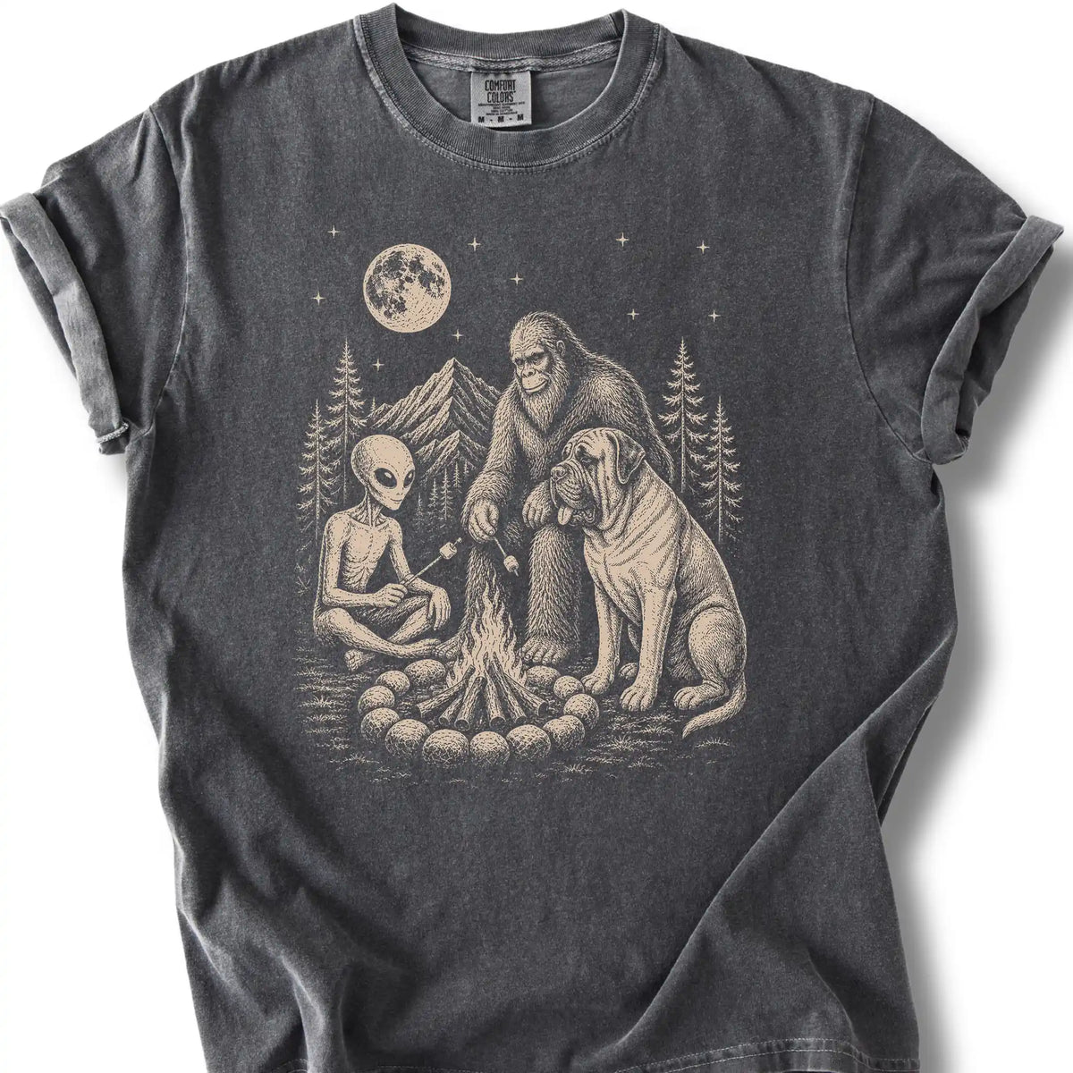 Mastiff, Bigfoot & Alien design on a pepper T-shirt.