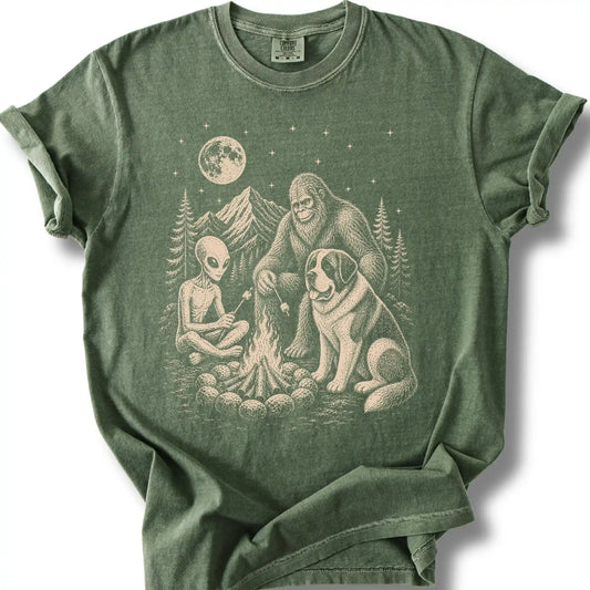 Saint Bernard, Bigfoot & Alien design on a moss T-shirt.