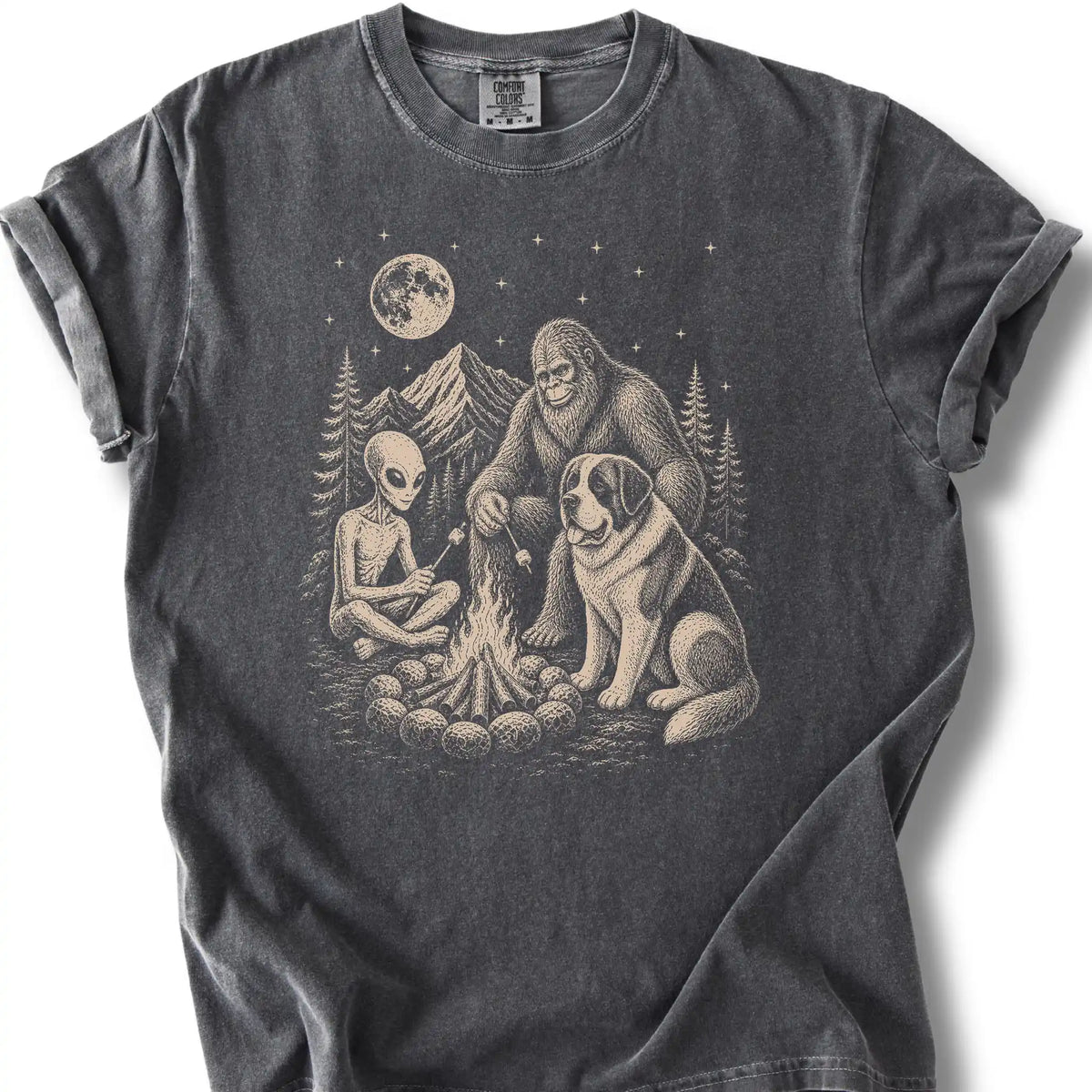 Saint Bernard, Bigfoot & Alien design on a pepper T-shirt.
