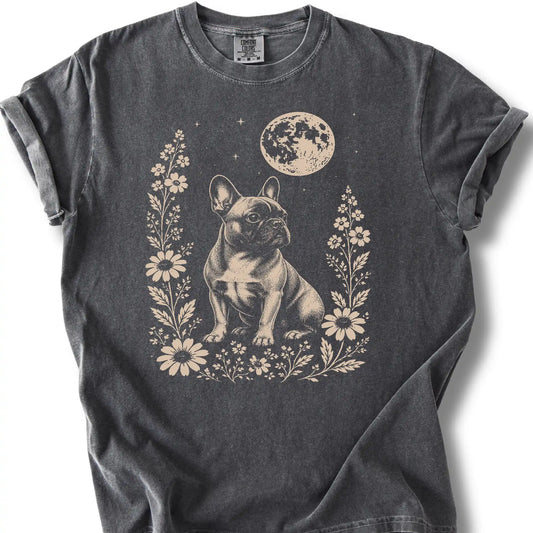 Moon Flowers French Bulldog design on a pepper T-shirt.