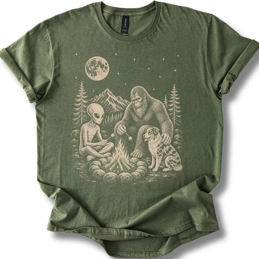 Australian Shepherd, Bigfoot & Alien design on a military green T-shirt.
