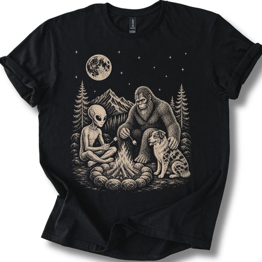 Australian Shepherd, Bigfoot & Alien design on a black T-shirt.