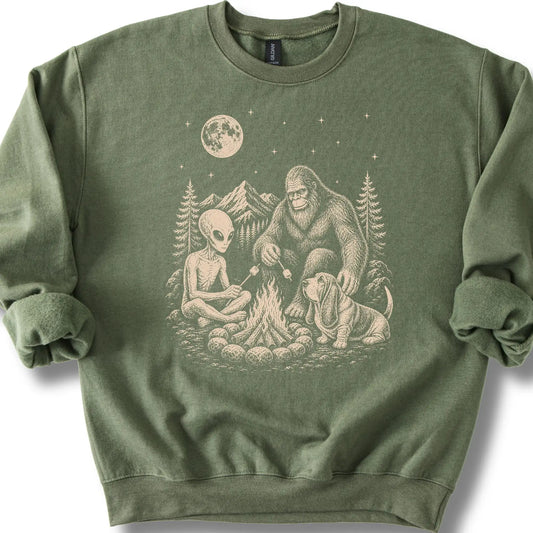 Basset Hound, Bigfoot & Alien design on a military green sweatshirt.