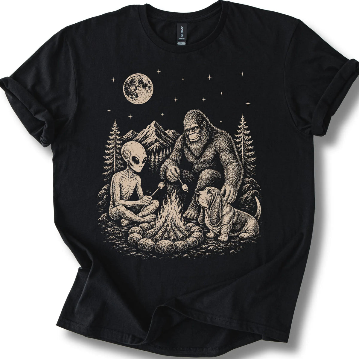 Basset Hound, Bigfoot & Alien design on a black T-shirt.
