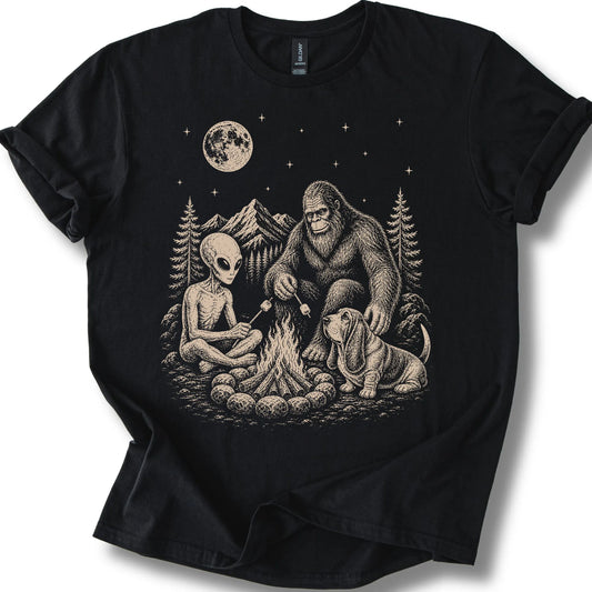 Basset Hound, Bigfoot & Alien design on a black T-shirt.