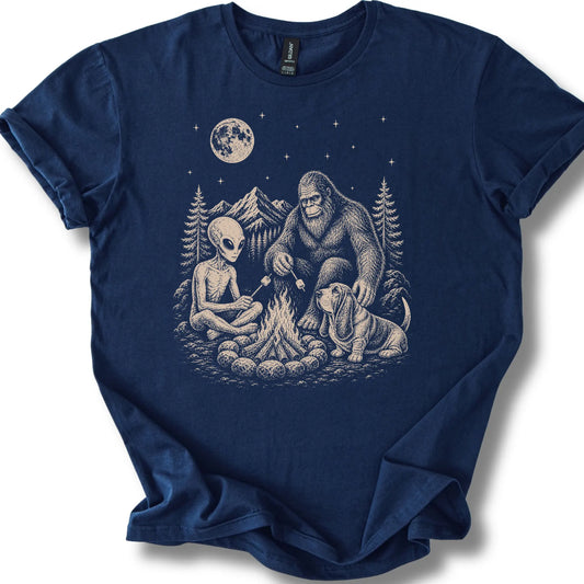Basset Hound, Bigfoot & Alien design on a navy T-shirt.