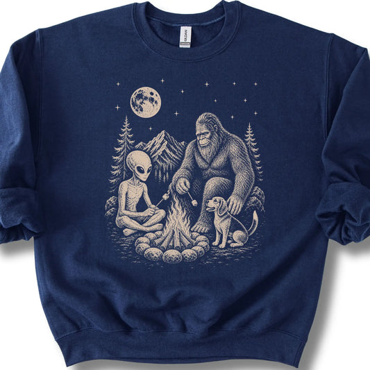 Beagle, Bigfoot & Alien design on a navy sweatshirt.