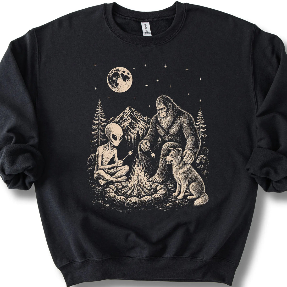 Border Collie, Bigfoot & Alien design on a black sweatshirt.