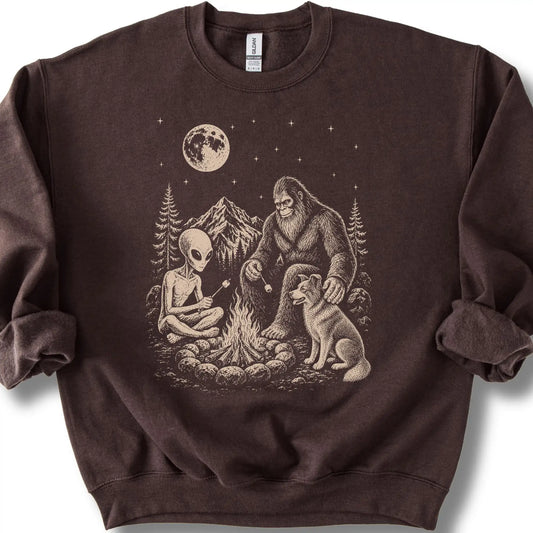 Border Collie, Bigfoot & Alien design on a dark chocolate sweatshirt.