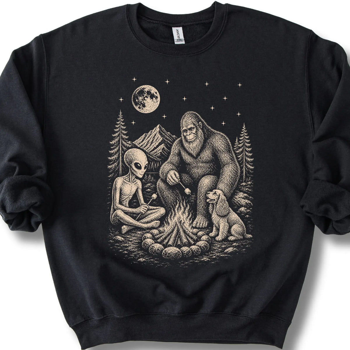 Cocker Spaniel, Bigfoot & Alien design on a black sweatshirt.