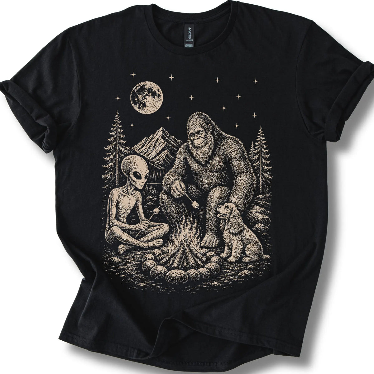 Cocker Spaniel, Bigfoot & Alien design on a black T-shirt.