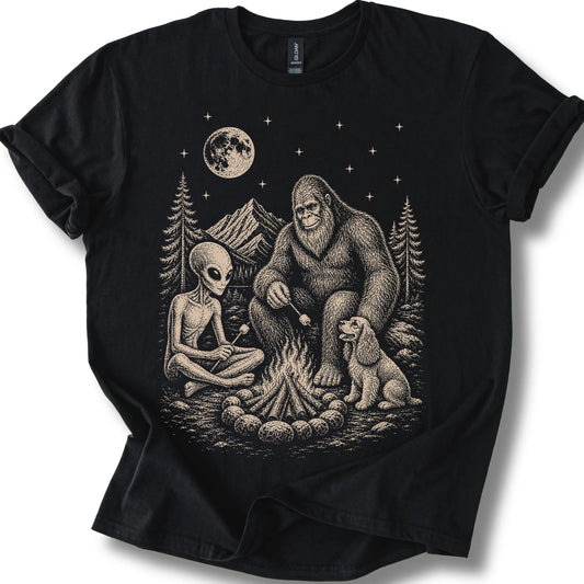 Cocker Spaniel, Bigfoot & Alien design on a black T-shirt.