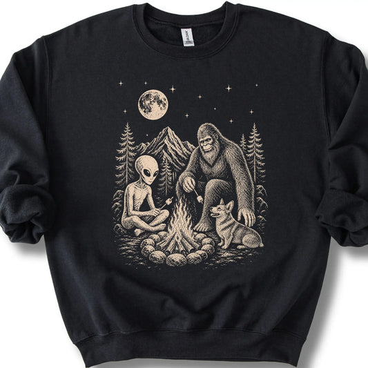 Corgi, Bigfoot & Alien design on a black sweatshirt.