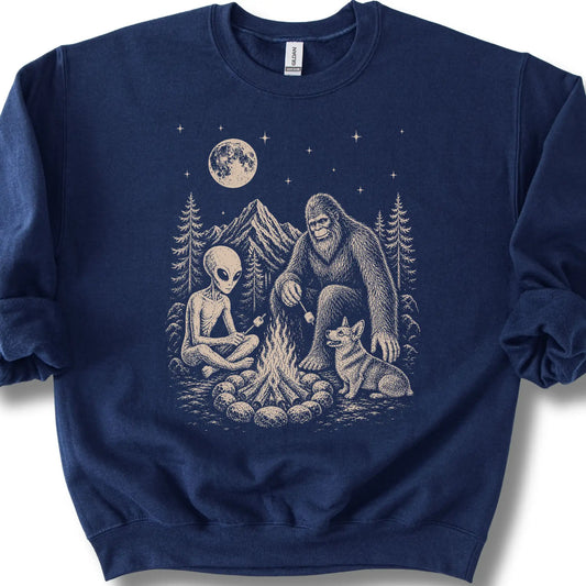 Corgi, Bigfoot & Alien design on a navy sweatshirt.